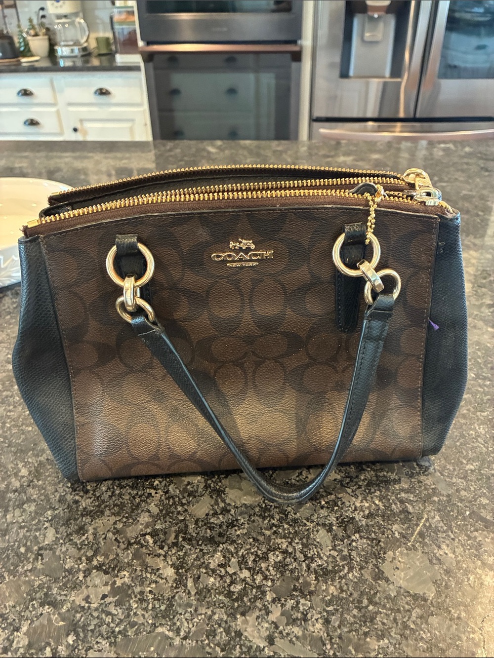Coach Brown Signature Canvas Satchel with Black Leather Trim and Gold Hardware